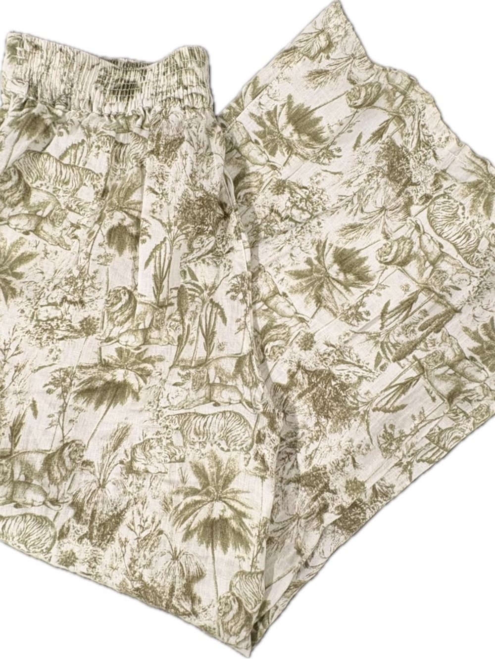 Rachel Zoe 100% Linen Wide Leg Pants sz S Jungle Toile Tiger Print Cream Olive